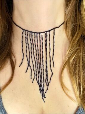 Black Fringe Beaded Statement Necklace - Women Jewelry